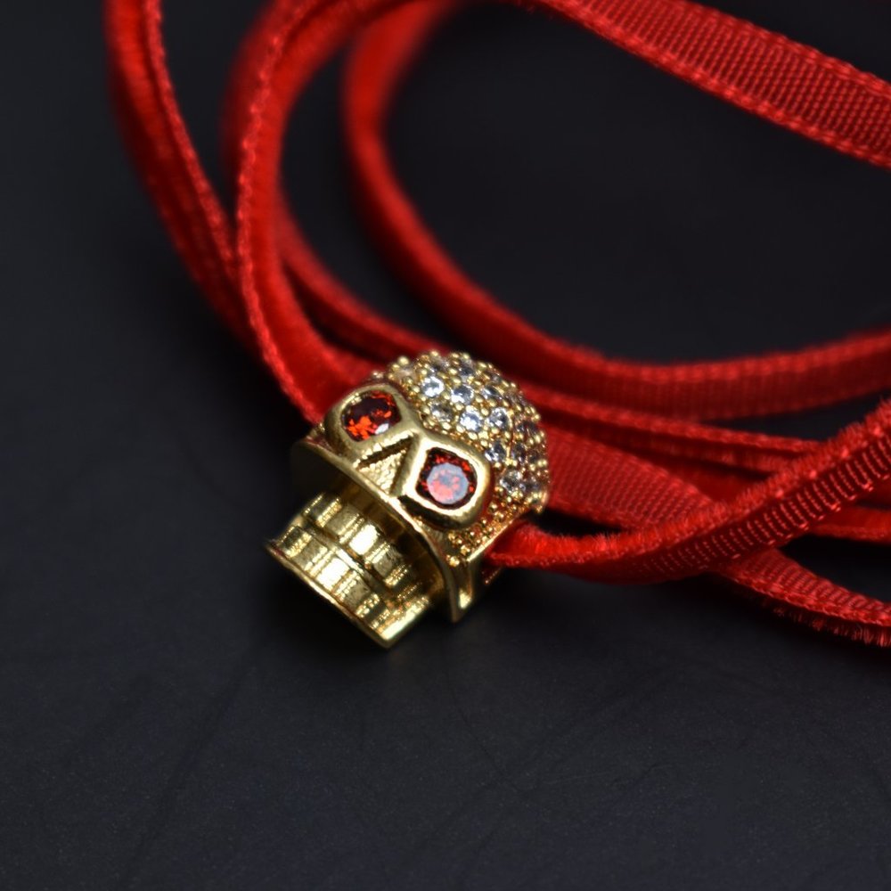 Thin red velvet collar choker necklace with crystal skull charm